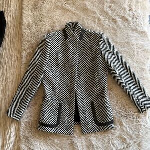 Dana Buchman Black + Cream Herringbone Blazer with Leather Detailing